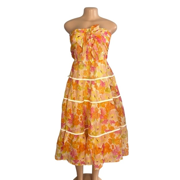 Lulus Sunlight Aura Orange Floral Strapless Tiered Midi Dress - Picture 3 of 11